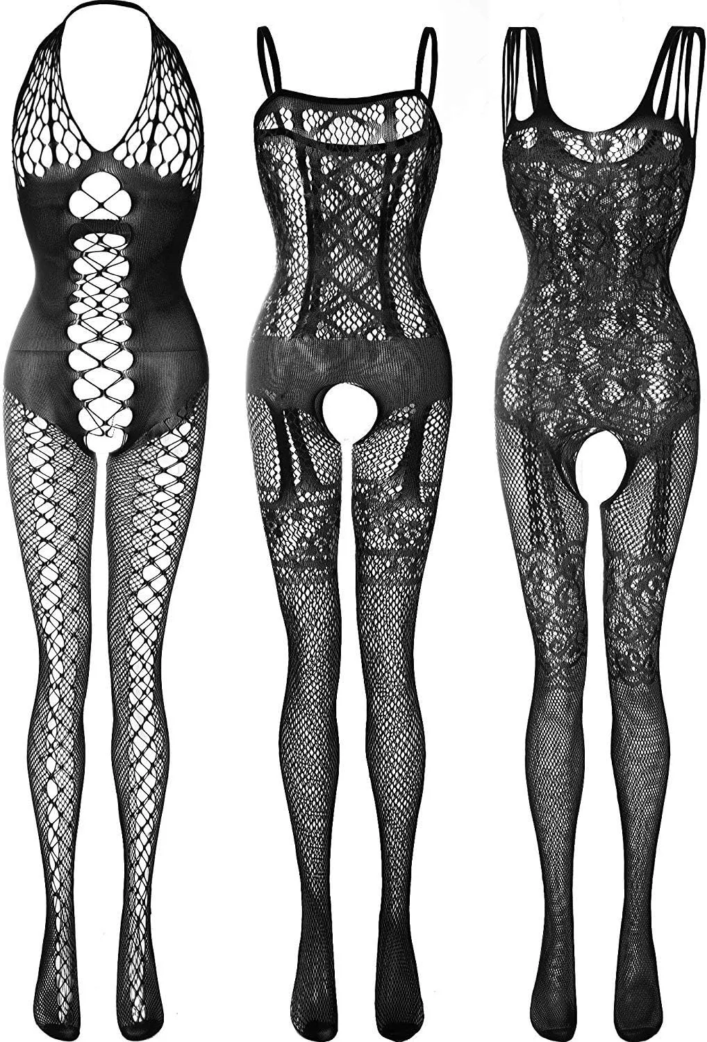 2 Pack Womens One Size Fishnet Bodystockings Striped Lingerie Crotchless Bodysuits Tights Suspenders Black