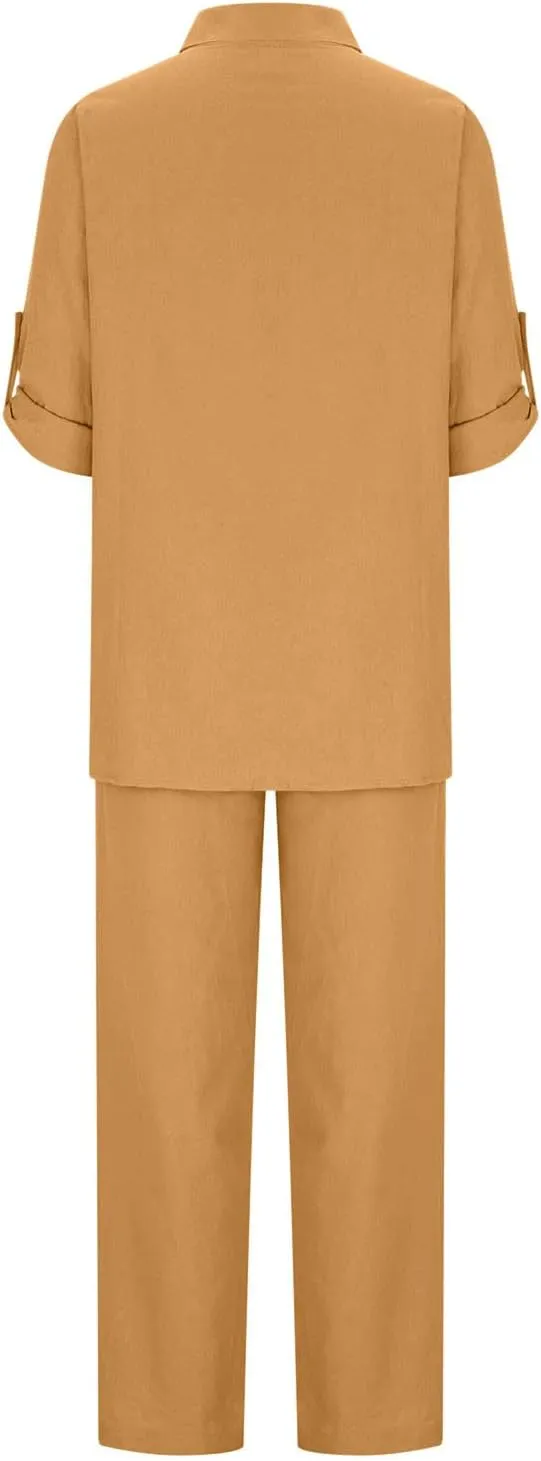 2 Piece Cotton Linen Outfits for Women Summer Dressy Business Work Suits Streetwear Button Down Tops and Pants Suit