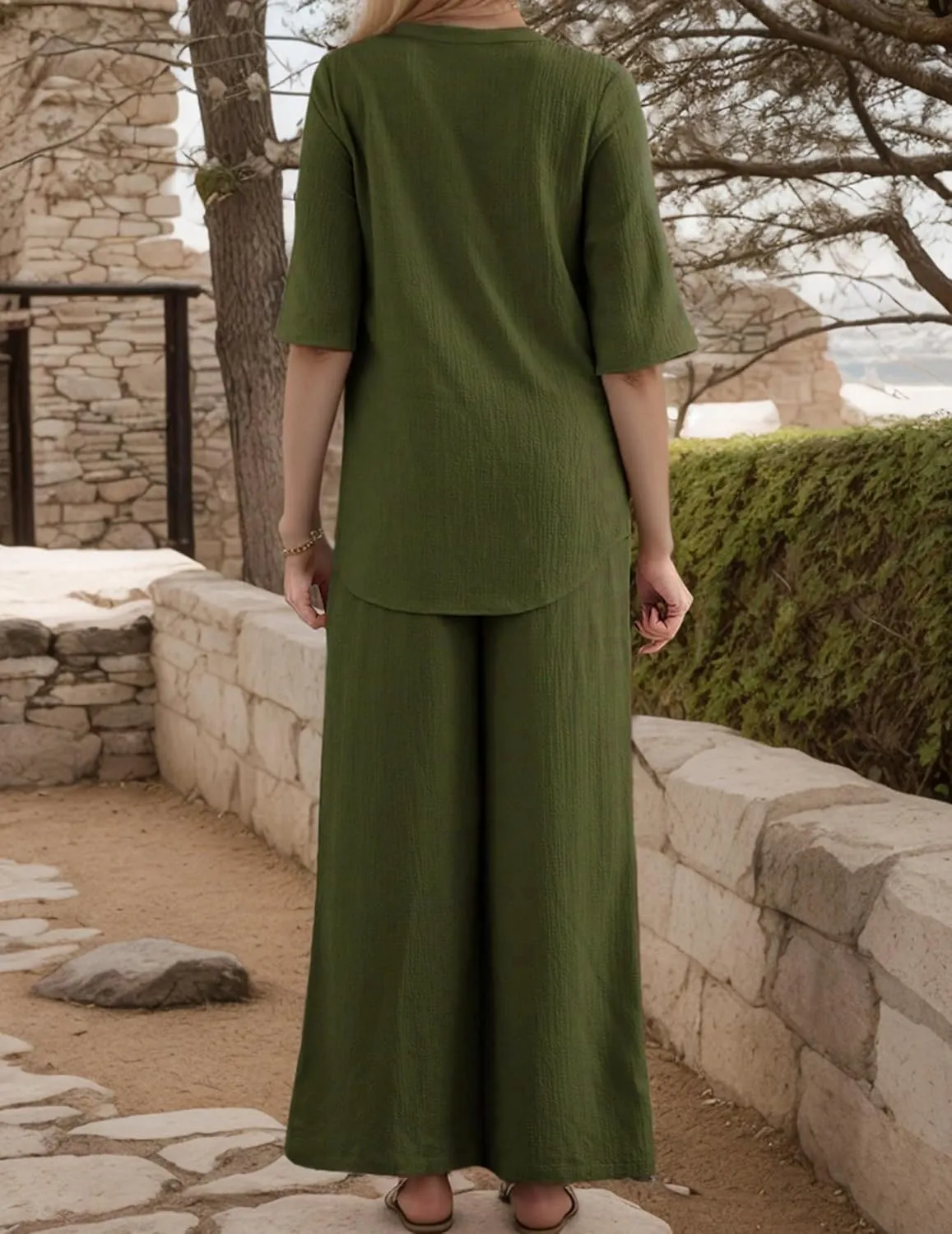 2 Piece Lounge Set For Women Pajama Sets Loungewear Button Pullover Top And Wide Leg Pants Two Piece Outfits