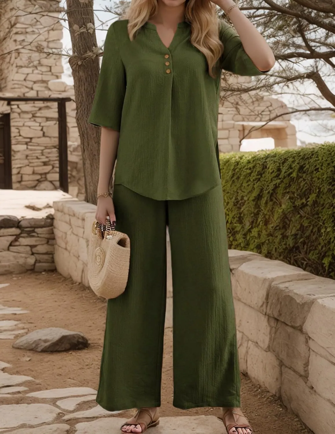 2 Piece Lounge Set For Women Pajama Sets Loungewear Button Pullover Top And Wide Leg Pants Two Piece Outfits