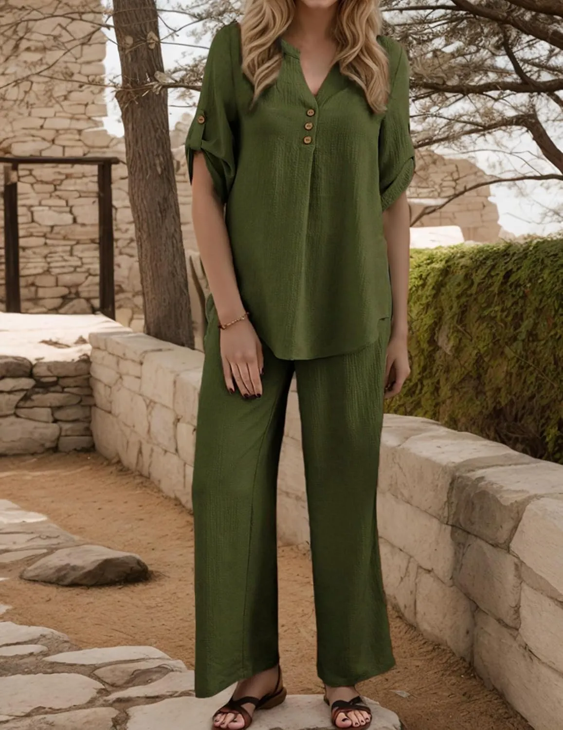 2 Piece Lounge Set For Women Pajama Sets Loungewear Button Pullover Top And Wide Leg Pants Two Piece Outfits