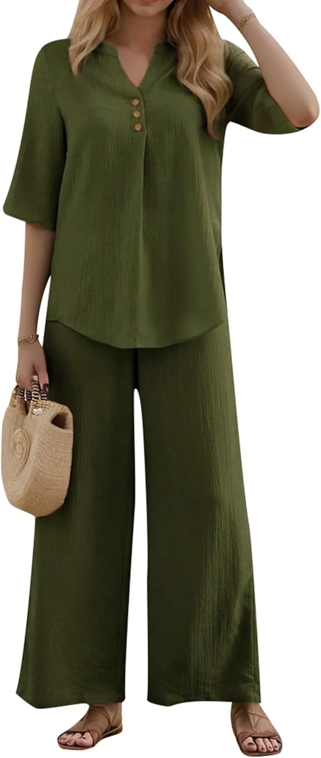 2 Piece Lounge Set For Women Pajama Sets Loungewear Button Pullover Top And Wide Leg Pants Two Piece Outfits