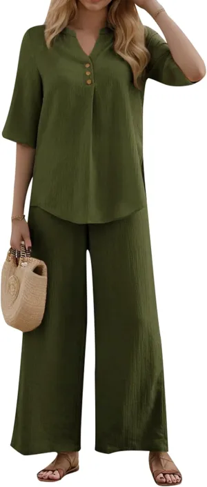 2 Piece Lounge Set For Women Pajama Sets Loungewear Button Pullover Top And Wide Leg Pants Two Piece Outfits