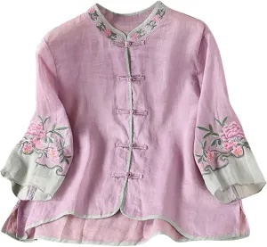 2025 Floral Embroidered Blouse Cotton Linen Tops Retro Chinese Frog Button Tees Traditional Mandarin Collar Shirts