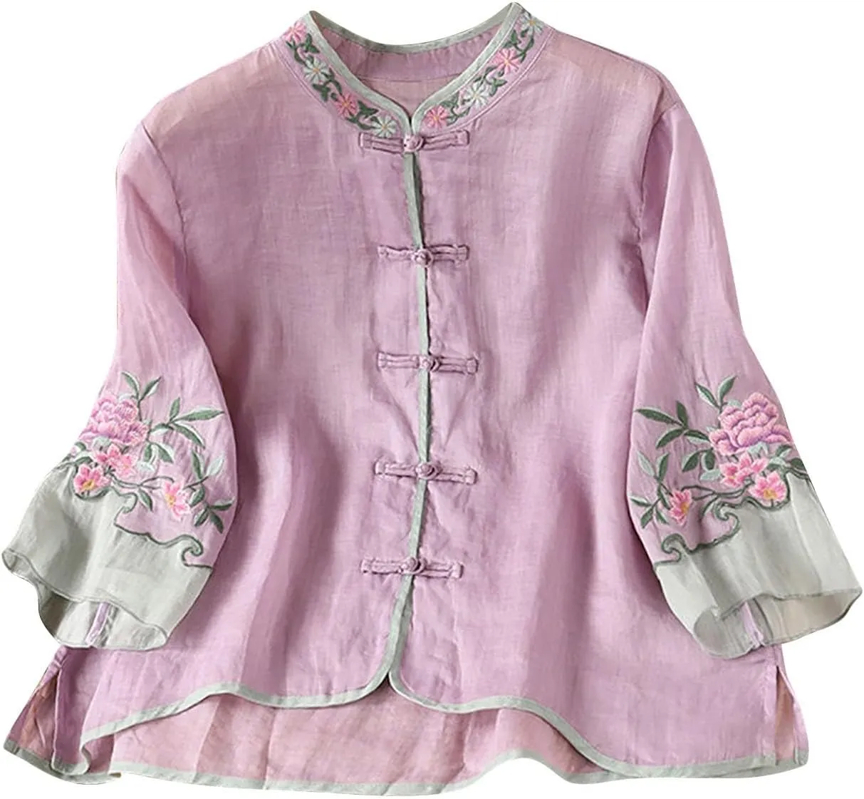 2025 Floral Embroidered Blouse Cotton Linen Tops Retro Chinese Frog Button Tees Traditional Mandarin Collar Shirts