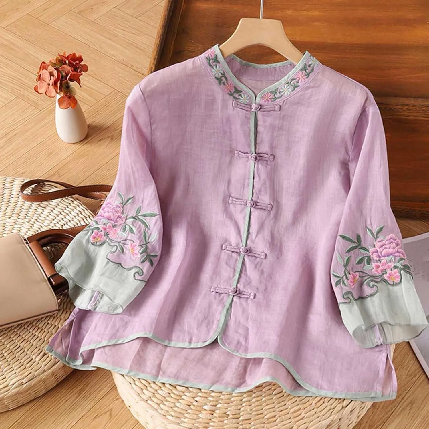 2025 Floral Embroidered Blouse Cotton Linen Tops Retro Chinese Frog Button Tees Traditional Mandarin Collar Shirts