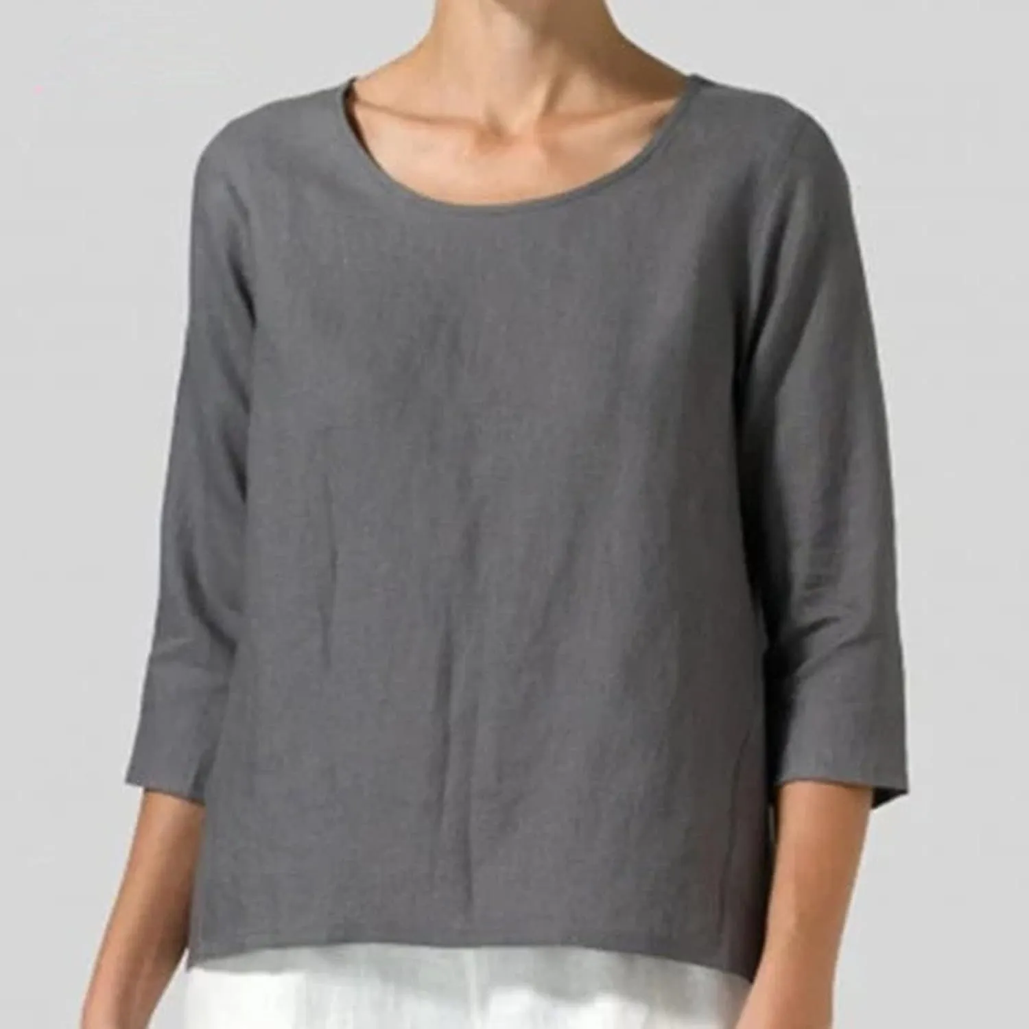 2025 Plus Size Linen Tops Peasant Shirts Women 3/4 Sleeve Dressy Tees Summer Crew Neck Loose Fit Flowy Tunics