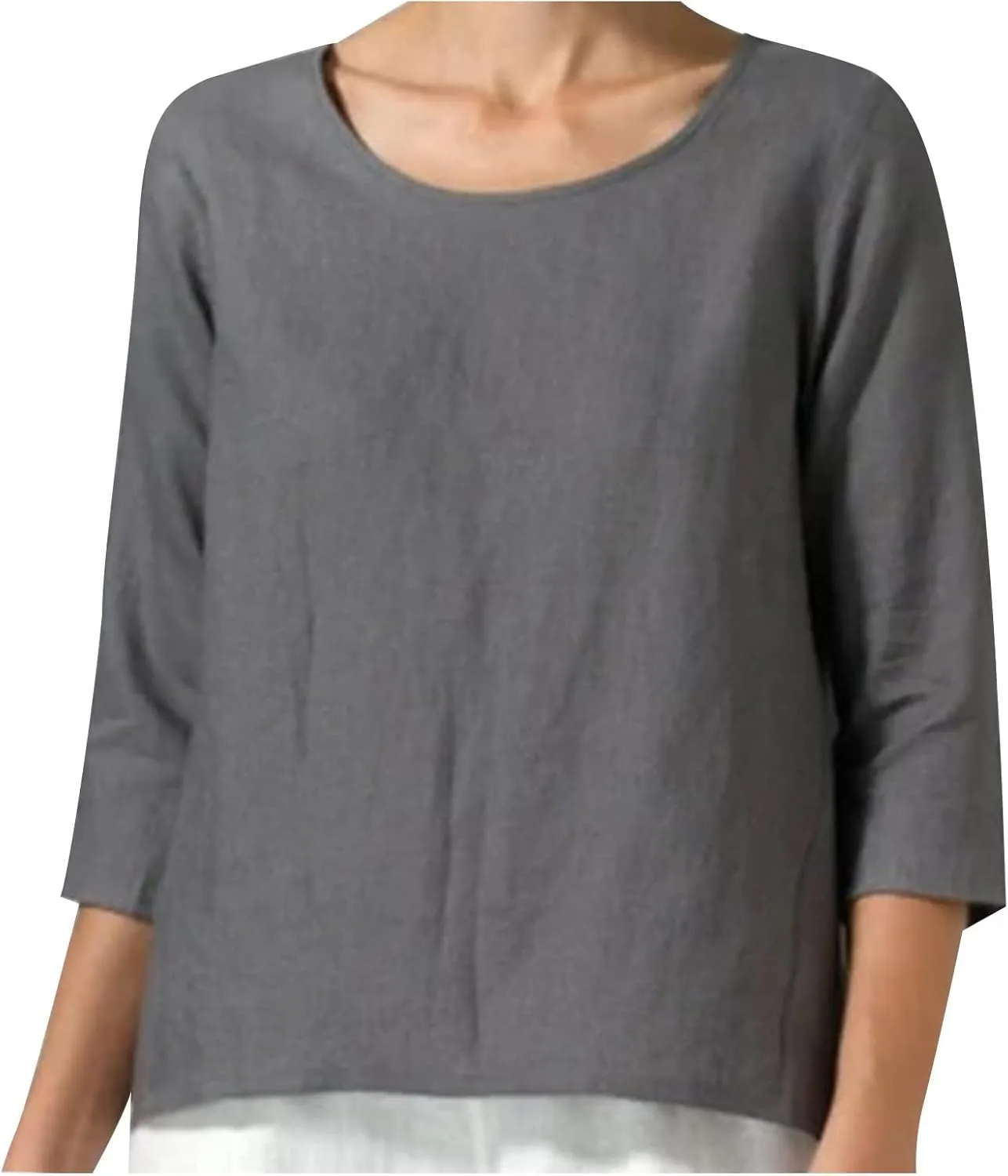 2025 Plus Size Linen Tops Peasant Shirts Women 3/4 Sleeve Dressy Tees Summer Crew Neck Loose Fit Flowy Tunics
