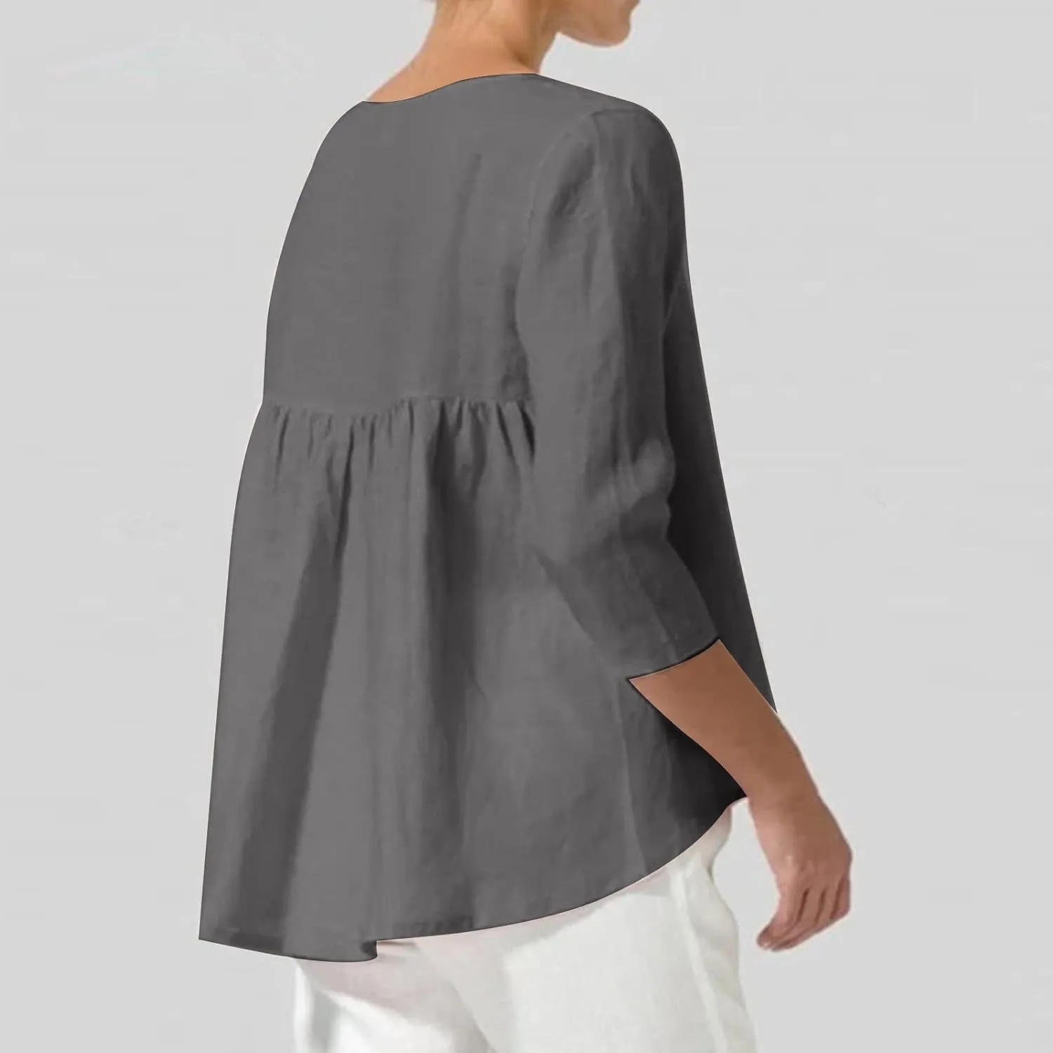 2025 Plus Size Linen Tops Peasant Shirts Women 3/4 Sleeve Dressy Tees Summer Crew Neck Loose Fit Flowy Tunics