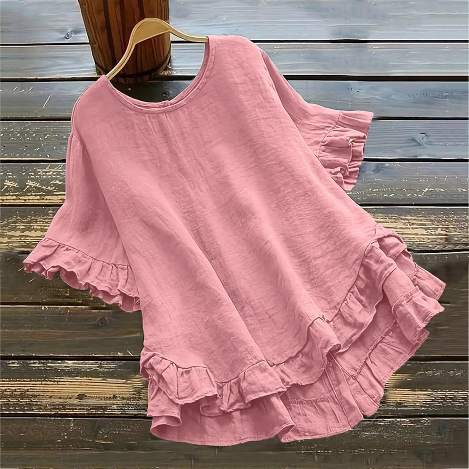 2025 Summer Linen Tops for Women Crewneck Ruffle Short Sleeve High-Low Hem Blouse Loose Beach Flowy Shirts Top