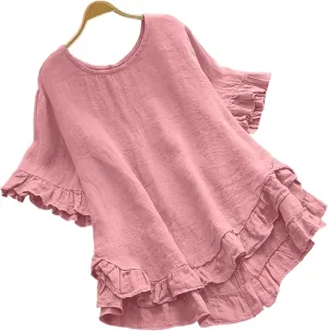 2025 Summer Linen Tops for Women Crewneck Ruffle Short Sleeve High-Low Hem Blouse Loose Beach Flowy Shirts Top
