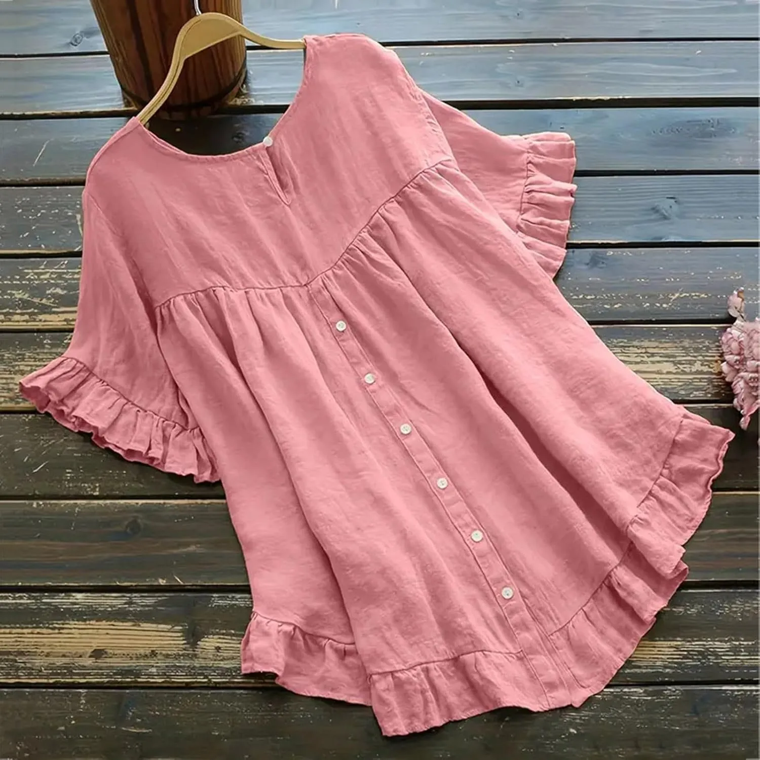 2025 Summer Linen Tops for Women Crewneck Ruffle Short Sleeve High-Low Hem Blouse Loose Beach Flowy Shirts Top
