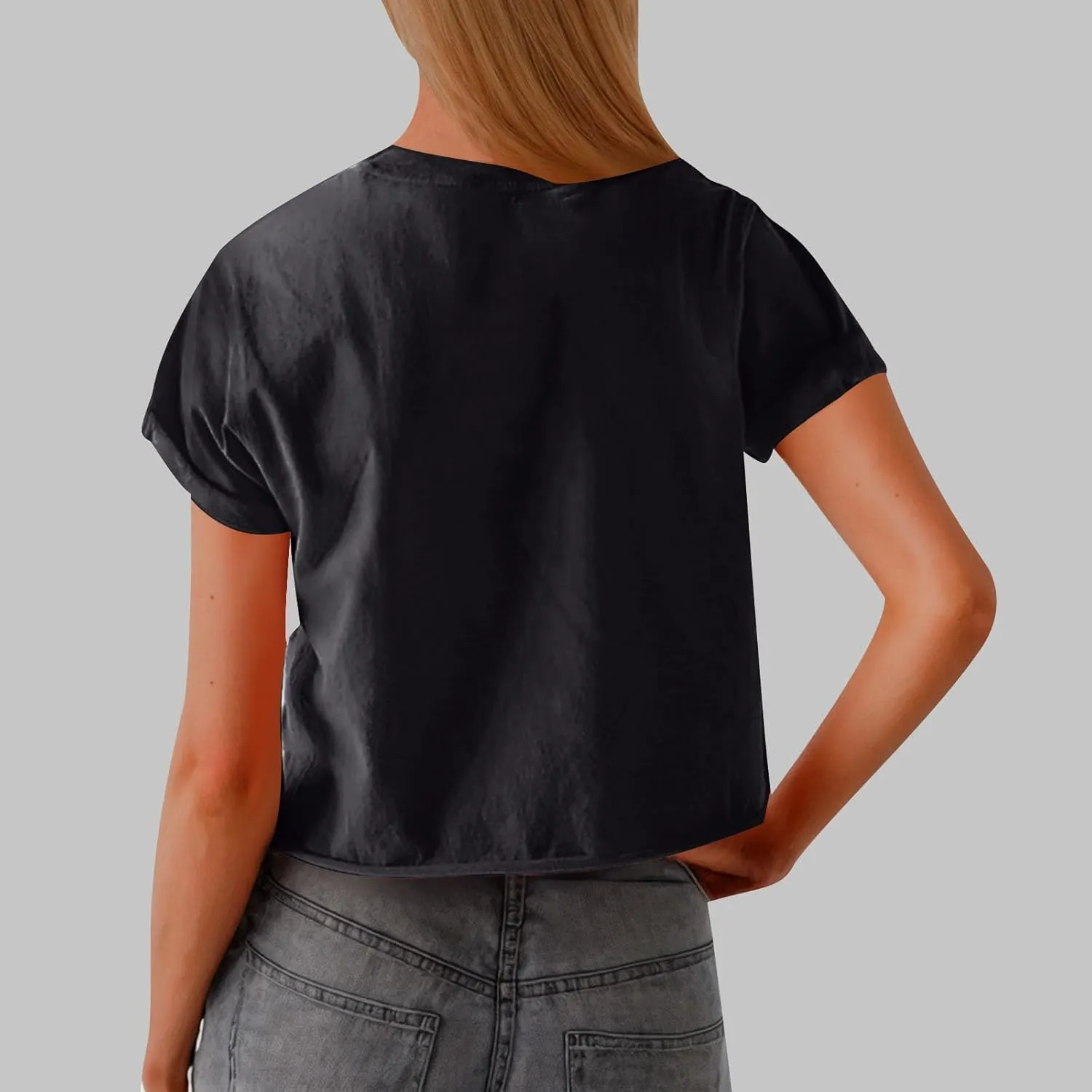 2025 Summer Short Sleeve Crop Tops Womens Crewneck Roll Cap Sleeve T Shirts Trendy Solid Color Loose Fit Basic Tees