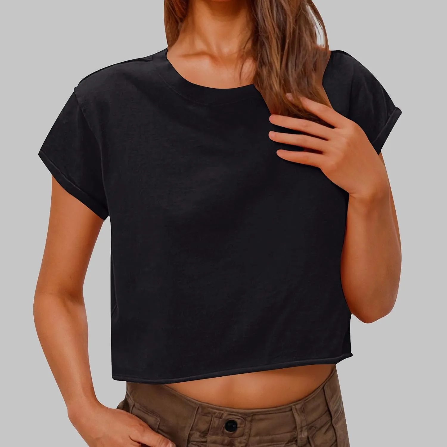 2025 Summer Short Sleeve Crop Tops Womens Crewneck Roll Cap Sleeve T Shirts Trendy Solid Color Loose Fit Basic Tees