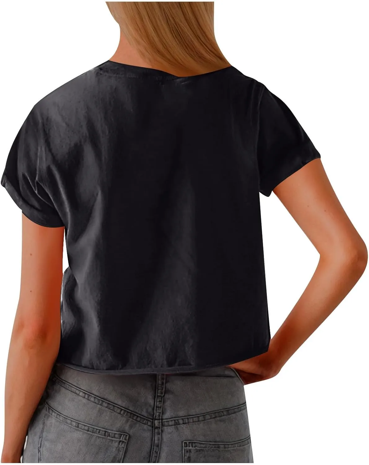 2025 Summer Short Sleeve Crop Tops Womens Crewneck Roll Cap Sleeve T Shirts Trendy Solid Color Loose Fit Basic Tees