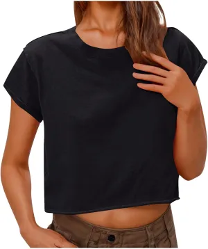 2025 Summer Short Sleeve Crop Tops Womens Crewneck Roll Cap Sleeve T Shirts Trendy Solid Color Loose Fit Basic Tees