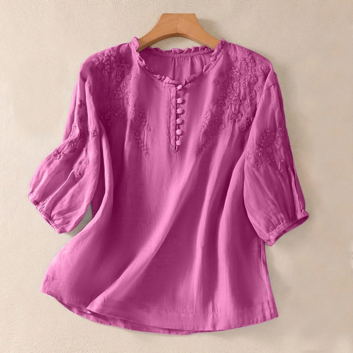 2025 Women's Cotton Linen Button Short Sleeve Shirts Summer Crew Neck Casual Boho Top Vintage Embroidered Blouse Tops