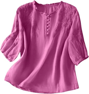 2025 Women's Cotton Linen Button Short Sleeve Shirts Summer Crew Neck Casual Boho Top Vintage Embroidered Blouse Tops