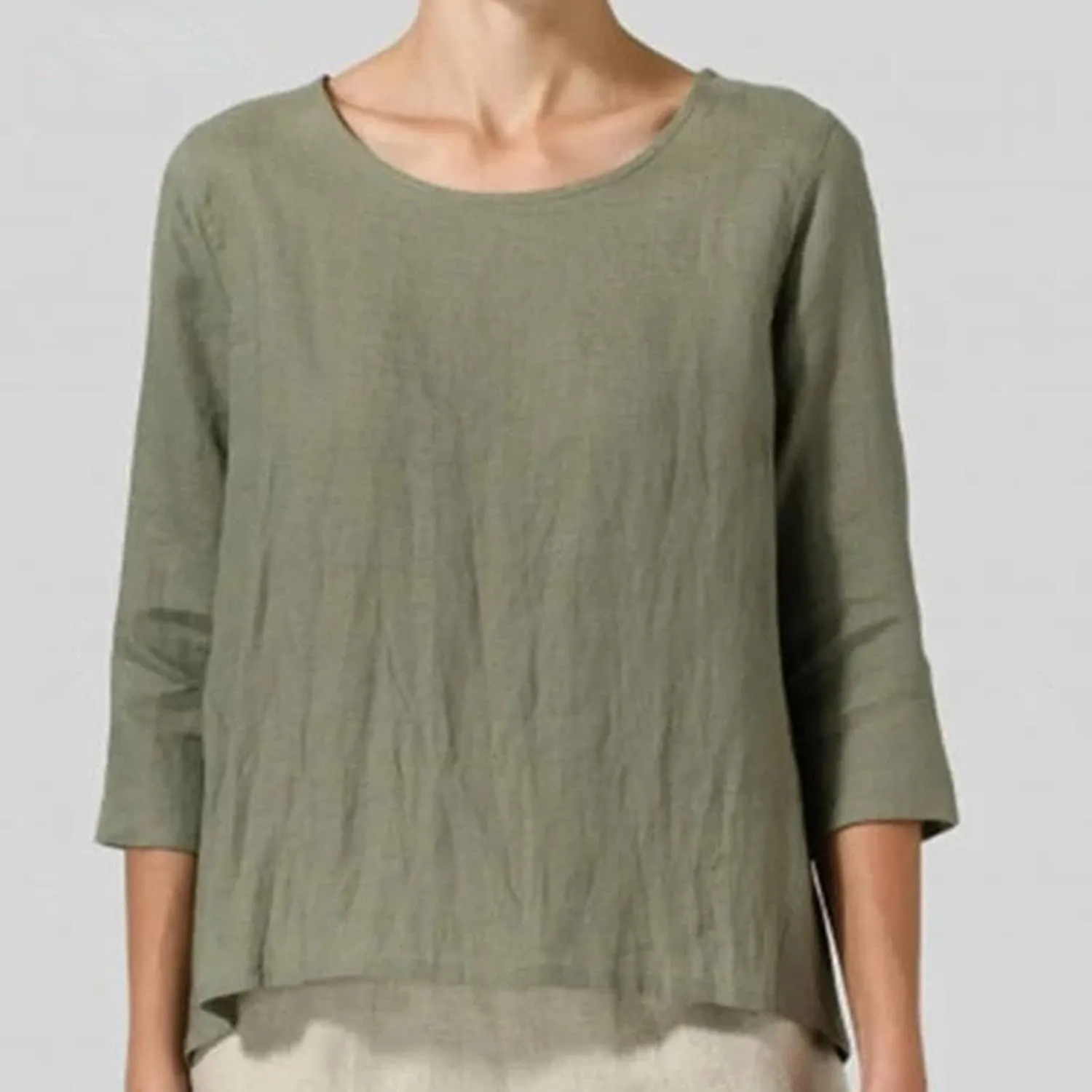 2025 Womens Linen 3/4 Sleeve Blouse Crew Neck Summer Casual Tops Loose Fit Flowy Tunics Tees Dressy Peasant Shirts