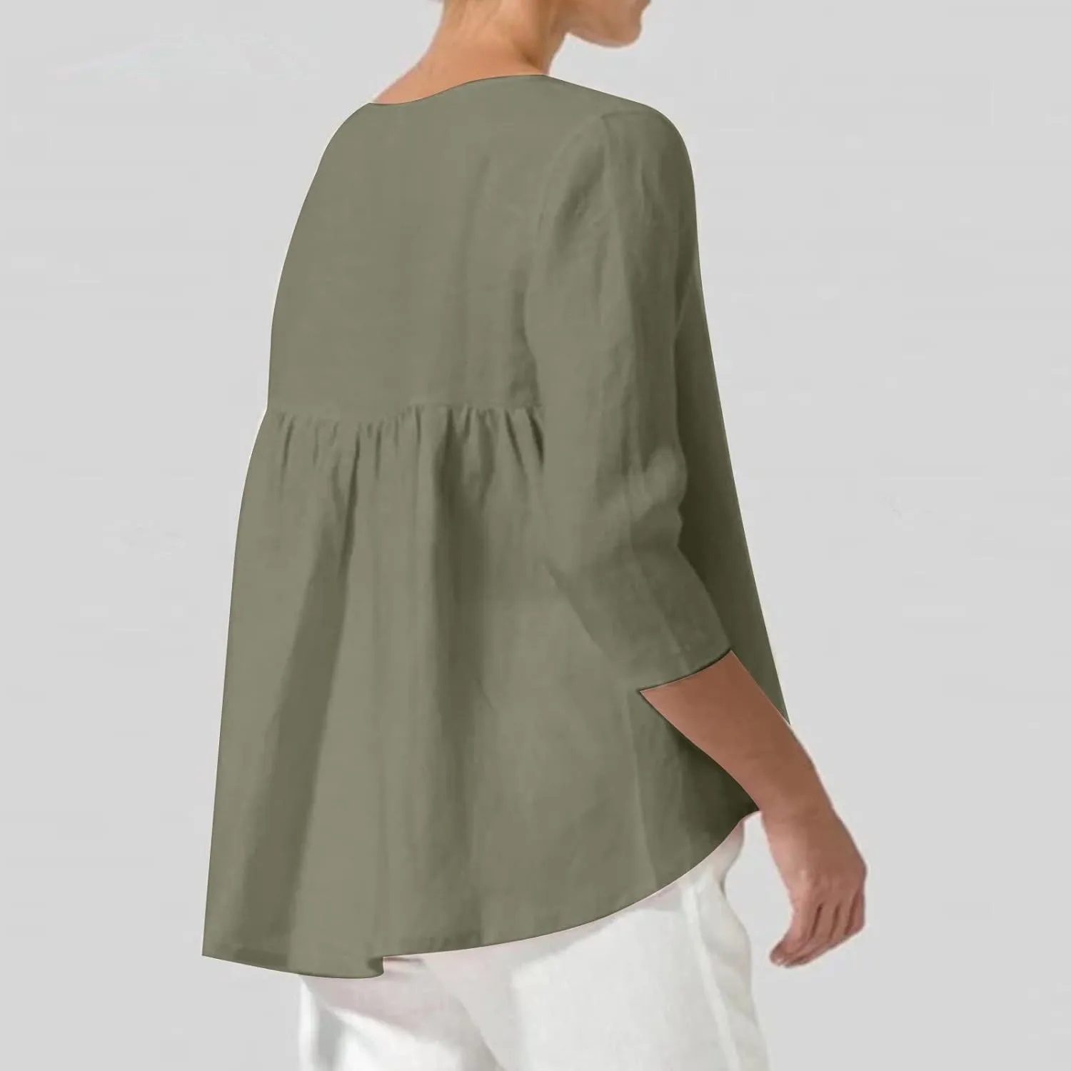 2025 Womens Linen 3/4 Sleeve Blouse Crew Neck Summer Casual Tops Loose Fit Flowy Tunics Tees Dressy Peasant Shirts