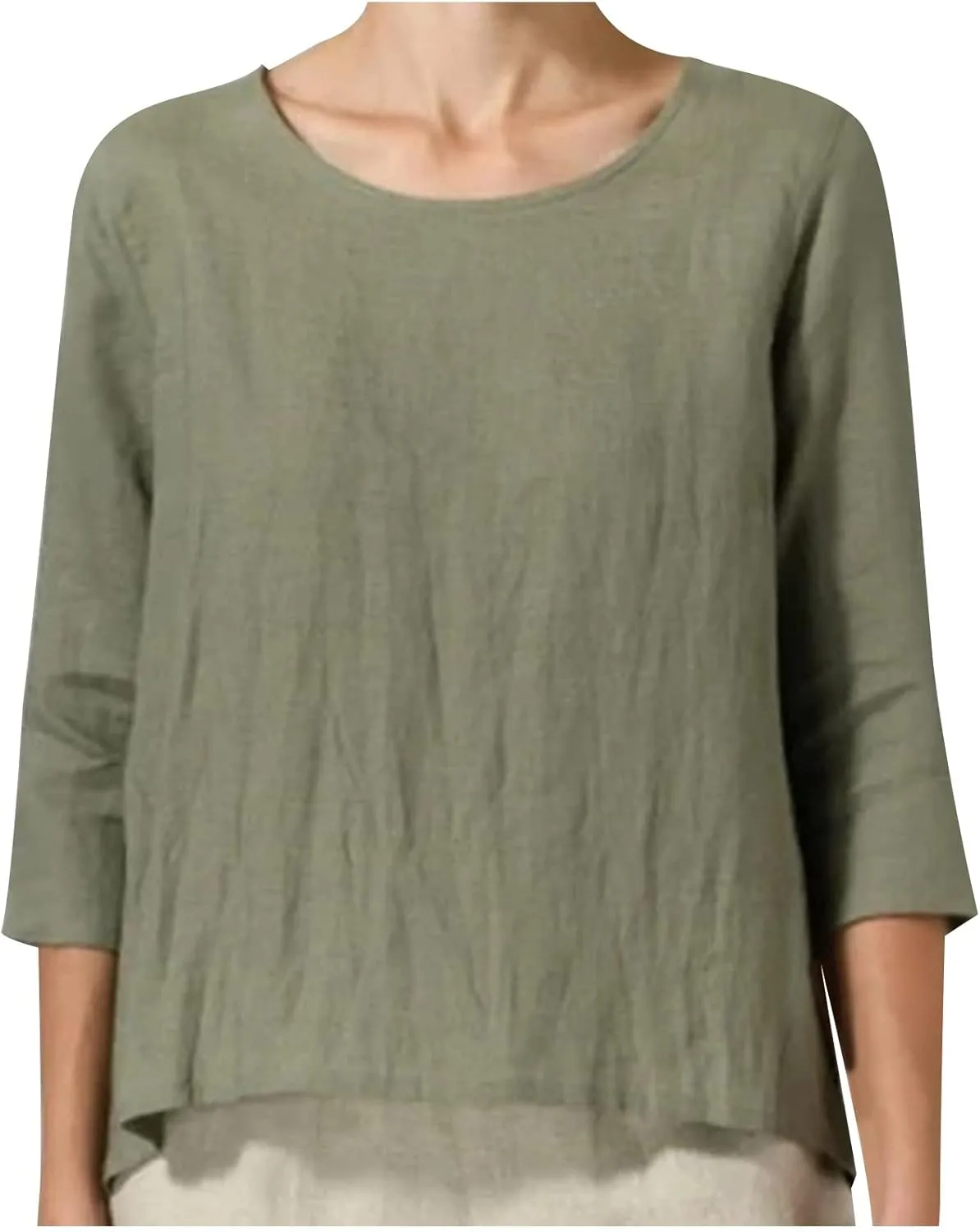 2025 Womens Linen 3/4 Sleeve Blouse Crew Neck Summer Casual Tops Loose Fit Flowy Tunics Tees Dressy Peasant Shirts