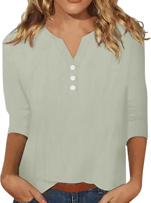 3/4 Sleeve Cotton Linen Tops for Women 2025 Loose Notched V Neck Button Down Henley Shirts Summer Beach Tee Tunic Blouse