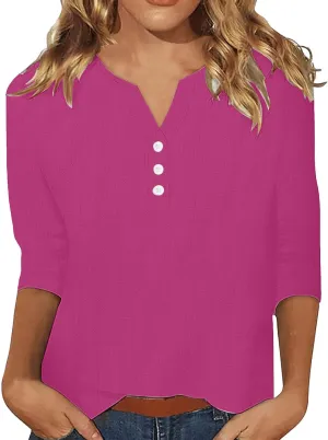 3/4 Sleeve Cotton Linen Tops for Women 2025 Loose Notched V Neck Button Down Henley Shirts Summer Beach Tee Tunic Blouse