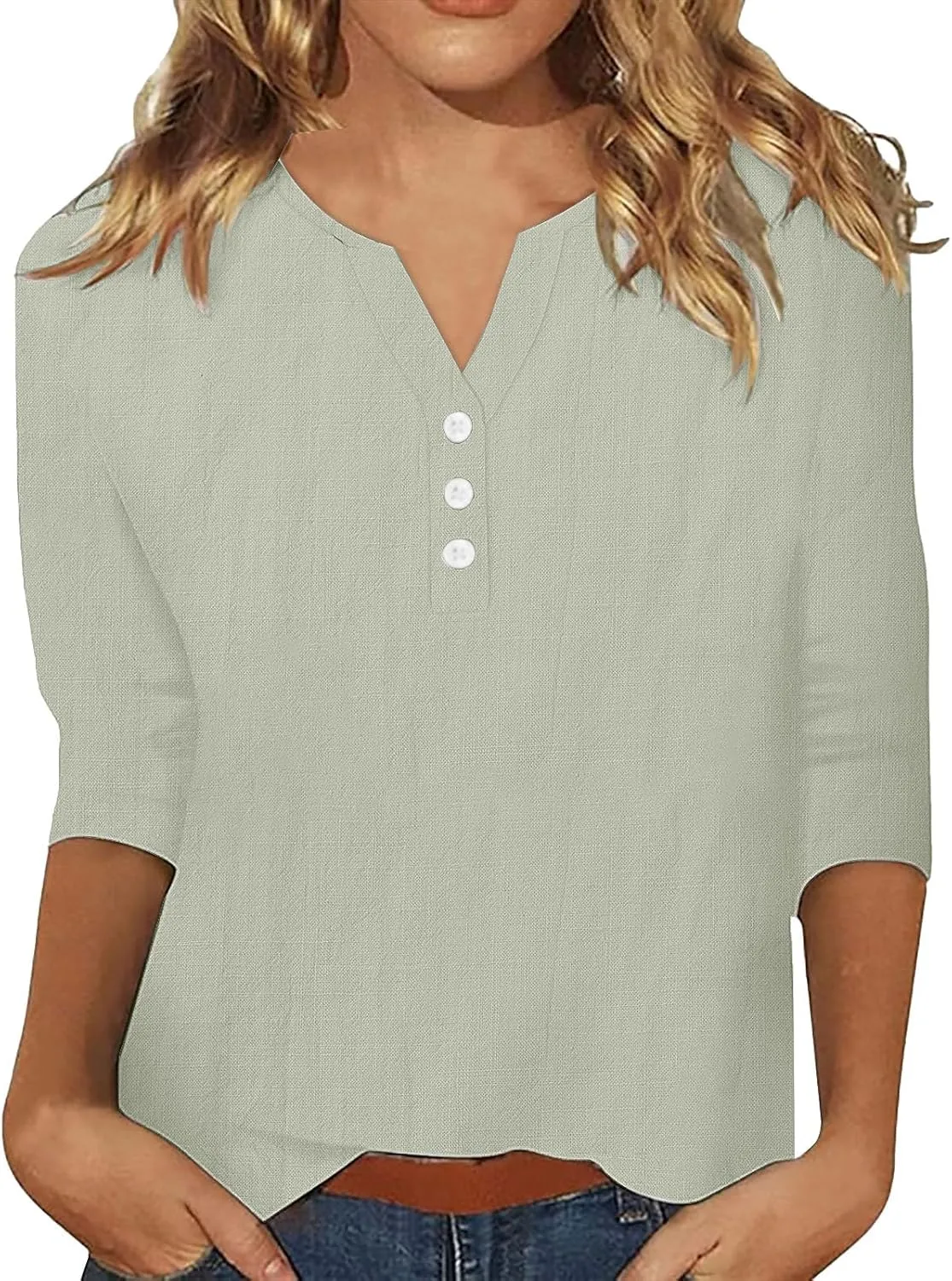 3/4 Sleeve Cotton Linen Tops for Women 2025 Loose Notched V Neck Button Down Henley Shirts Summer Beach Tee Tunic Blouse
