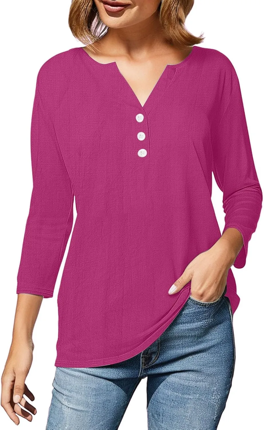 3/4 Sleeve Cotton Linen Tops for Women 2025 Loose Notched V Neck Button Down Henley Shirts Summer Beach Tee Tunic Blouse