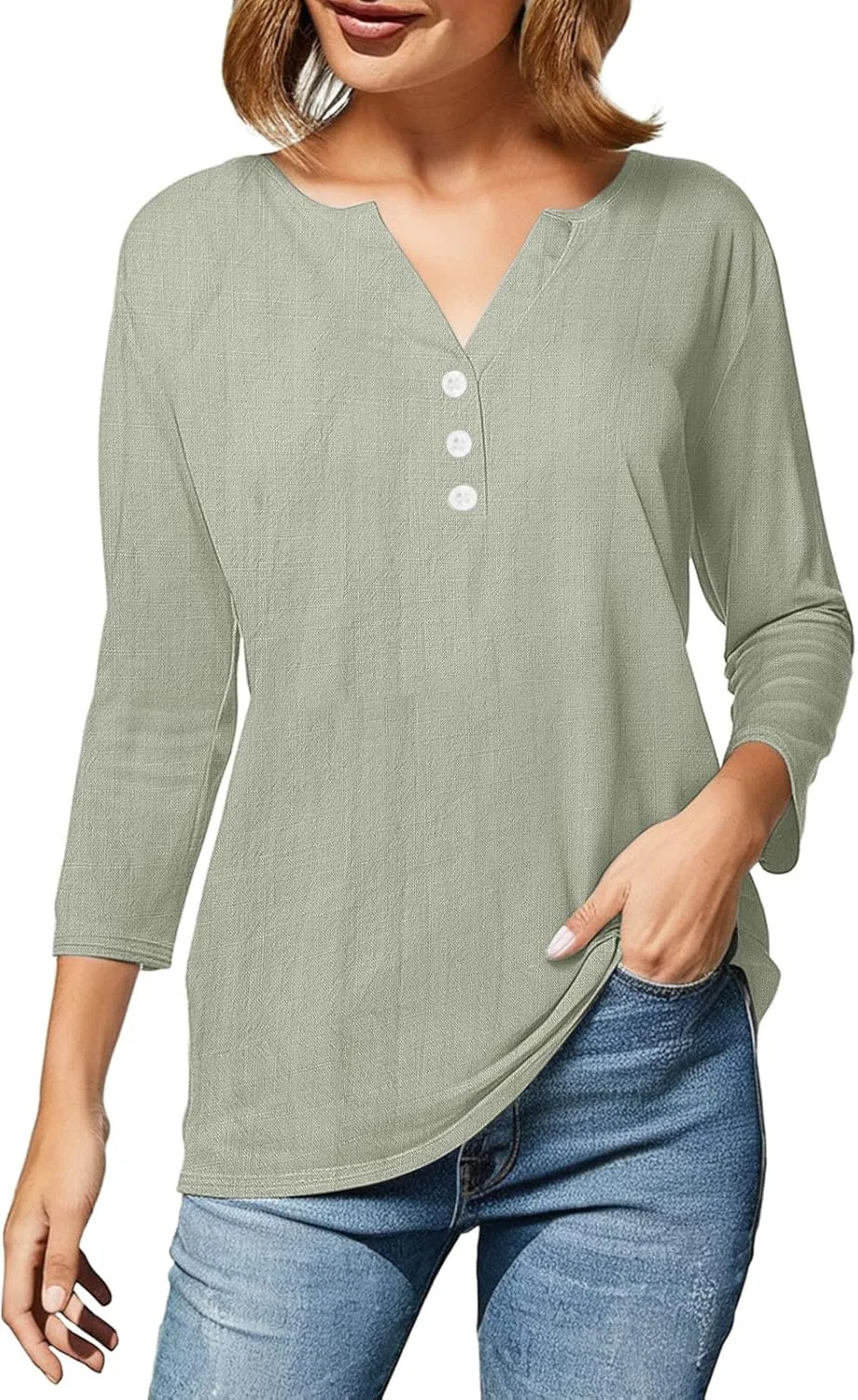 3/4 Sleeve Cotton Linen Tops for Women 2025 Loose Notched V Neck Button Down Henley Shirts Summer Beach Tee Tunic Blouse