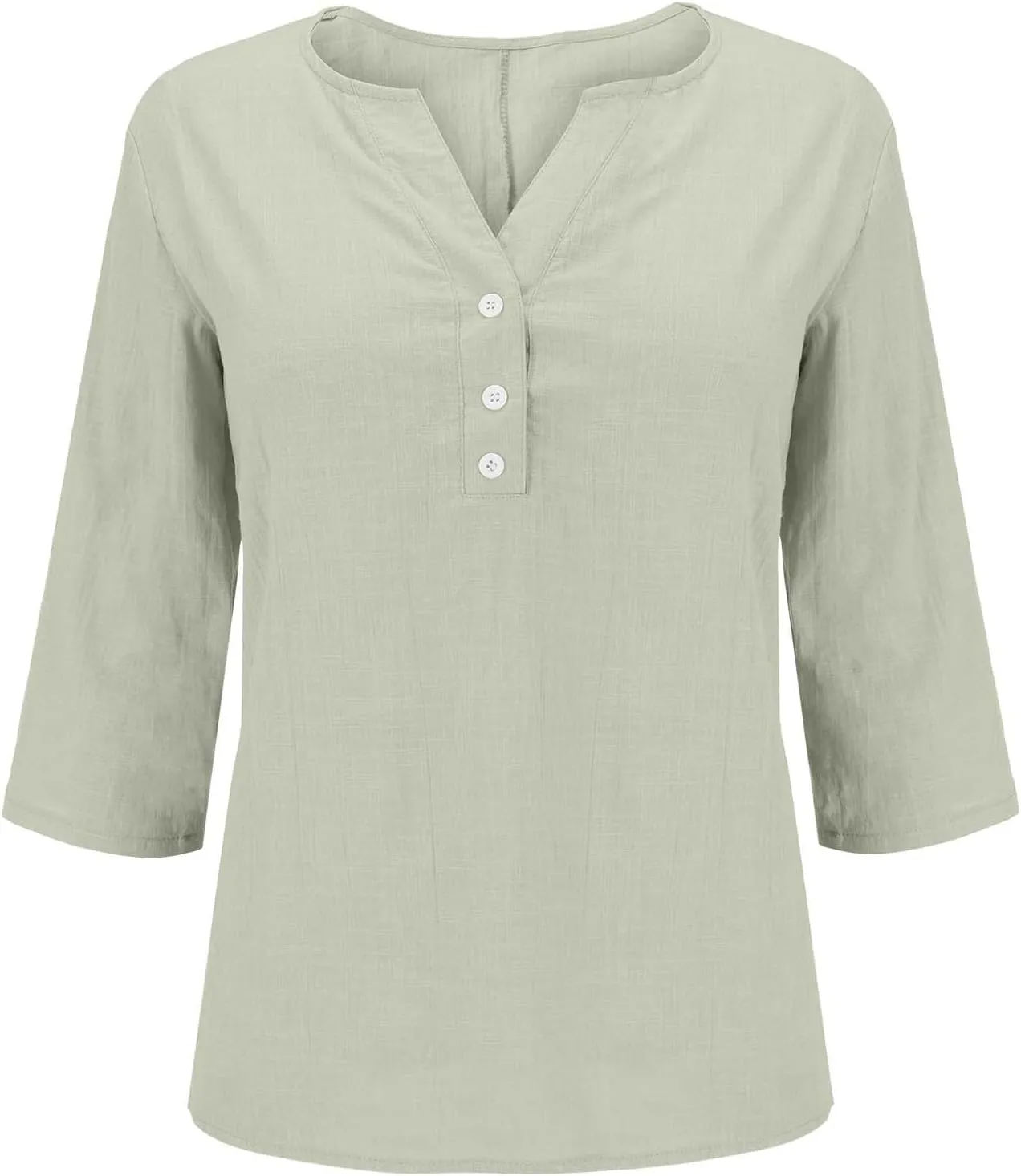 3/4 Sleeve Cotton Linen Tops for Women 2025 Loose Notched V Neck Button Down Henley Shirts Summer Beach Tee Tunic Blouse