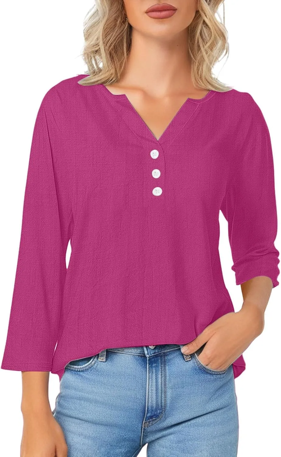 3/4 Sleeve Cotton Linen Tops for Women 2025 Loose Notched V Neck Button Down Henley Shirts Summer Beach Tee Tunic Blouse