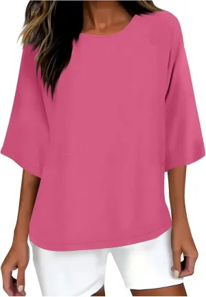 3/4 Sleeve Linen Tops for Women Loose Fit Round Neck Shirts Cotton Solid Color Summer Beach Tee Oversized Shirts