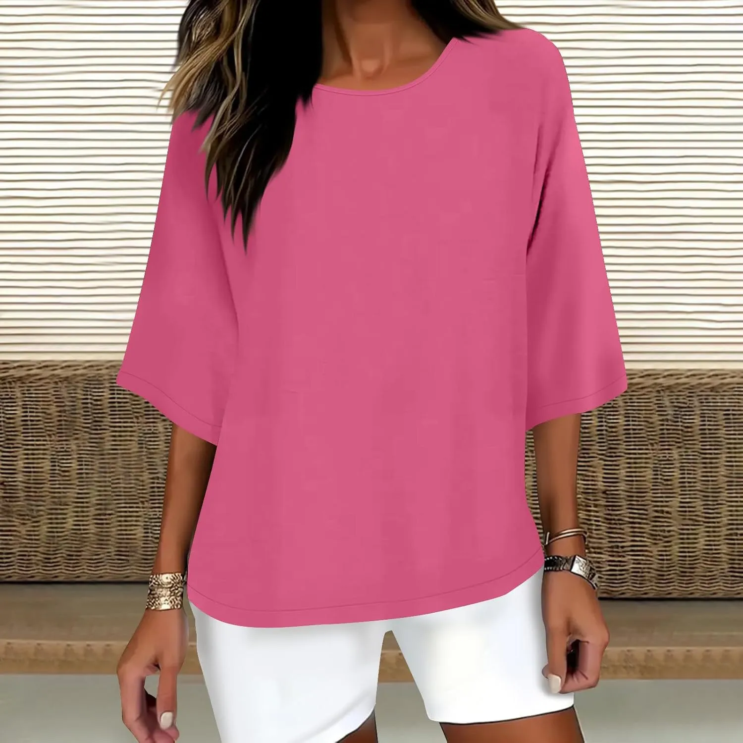 3/4 Sleeve Linen Tops for Women Loose Fit Round Neck Shirts Cotton Solid Color Summer Beach Tee Oversized Shirts