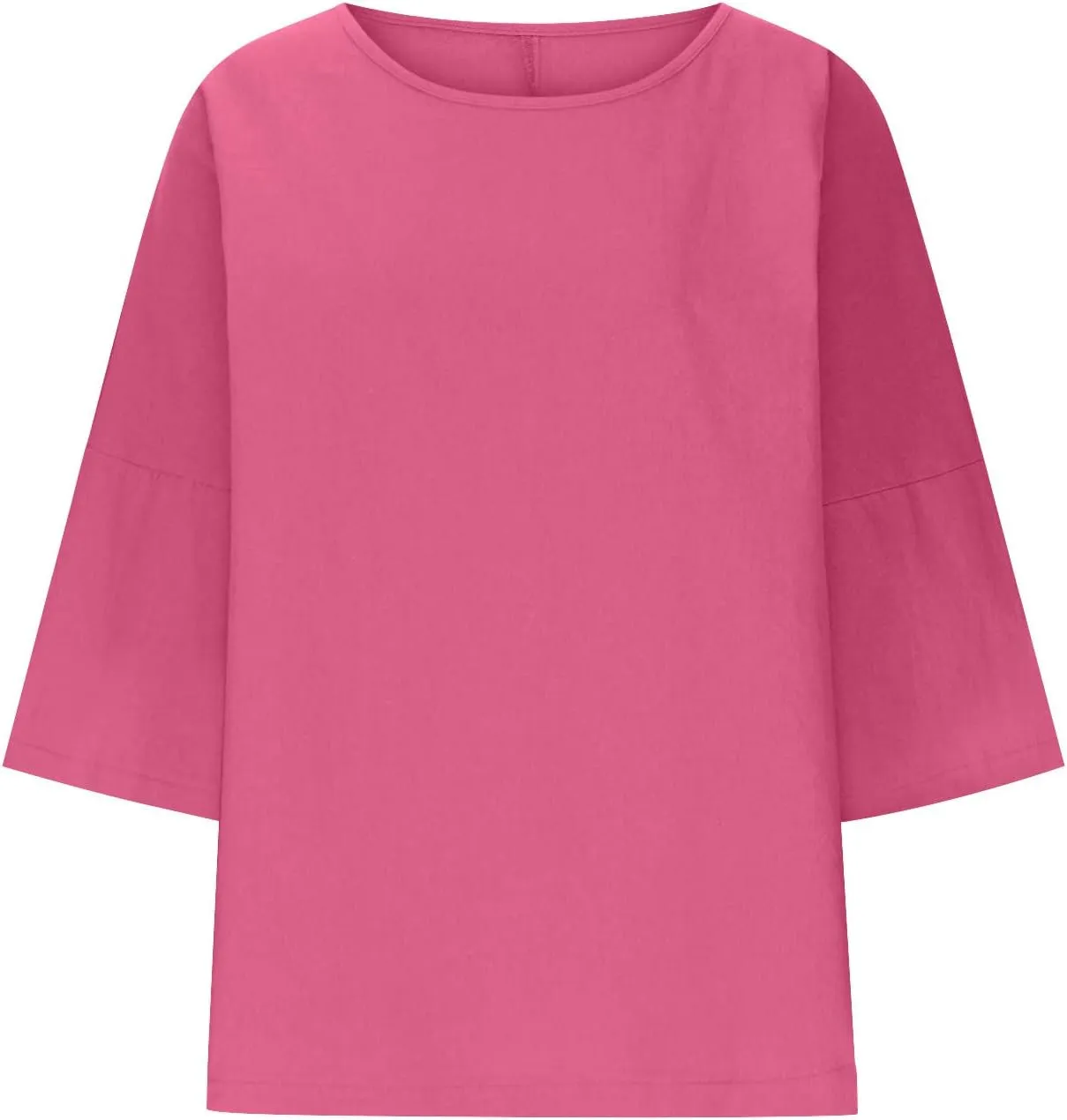 3/4 Sleeve Linen Tops for Women Loose Fit Round Neck Shirts Cotton Solid Color Summer Beach Tee Oversized Shirts