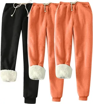 3Pack-Plus Size Sherpa Lined Sweatpants for Women Drawstring Elastic Waist Cinch Bottom Pants Winter Warm Joggers