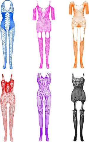 6 Pcs Women's Fishnet Lingerie Mesh Bodysuit Lingerie Fishnet Bodysuits Lace Smock Nightwear Halloween Outfit
