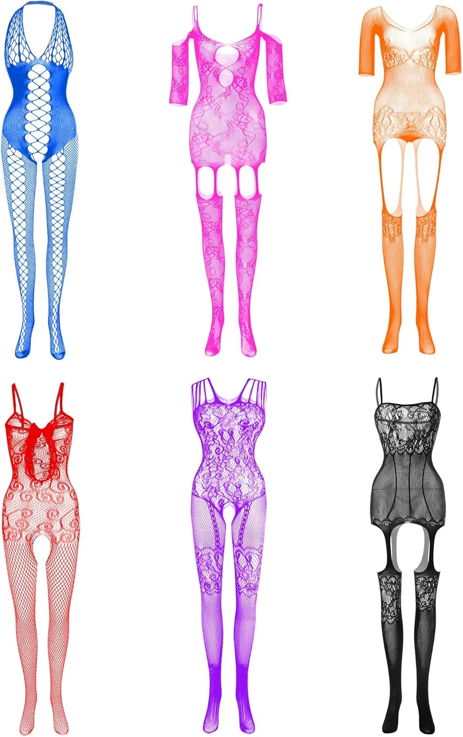 6 Pcs Women's Fishnet Lingerie Mesh Bodysuit Lingerie Fishnet Bodysuits Lace Smock Nightwear Halloween Outfit