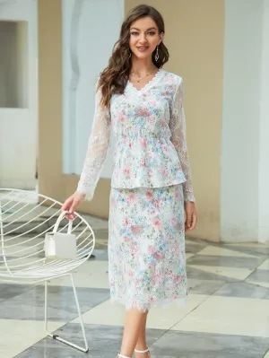 ADIOLI Two Piece Outfits for Women Floral Print Contrast Lace Scallop Trim Peplum Top & Split Back Skirt (Color : Multicolor, Size : Medium)