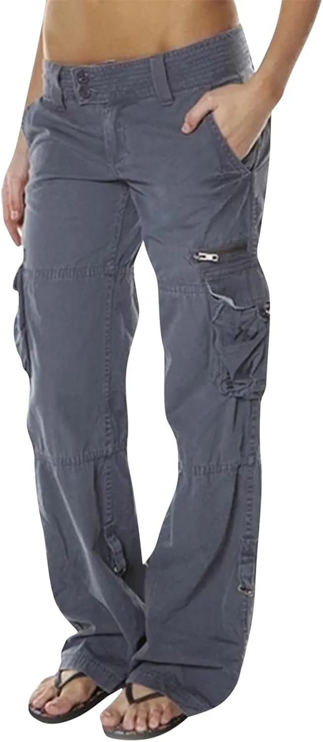 Adjustable Straight Fit Cargo High Waist Baggy Hiking Pant with Multi Pockets Women Wide Leg Parachute Trousers