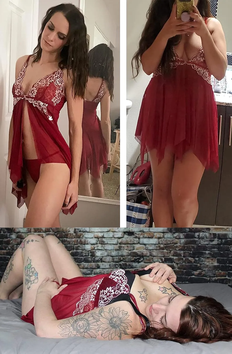ADOREJOY Lingerie for Women Front Closure Babydoll Lace Chemise V Neck Mesh Sleepwear