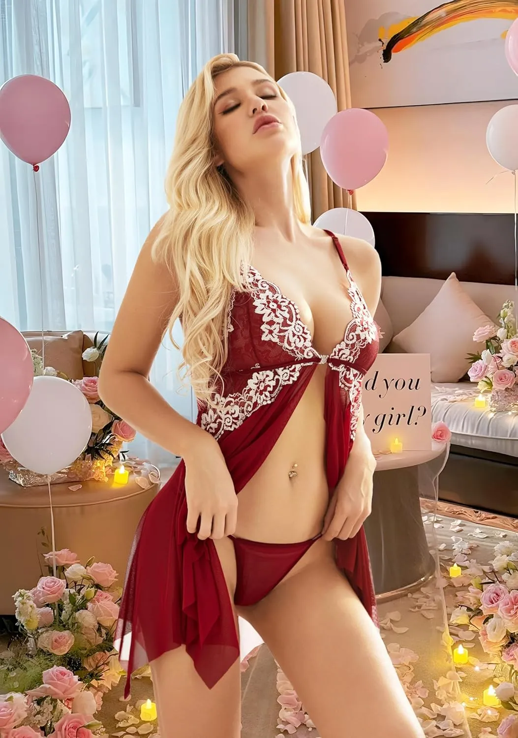ADOREJOY Lingerie for Women Front Closure Babydoll Lace Chemise V Neck Mesh Sleepwear