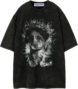 Aelfric Eden Mens Graphic Tees Y2k Portrait Print Washed Oversized T Shirts Vintage Streetwear Shirt Casual Tops Black