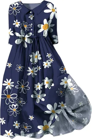 aihihe Women's Cotton Linen Dress Floral Print Short Sleeve Buttoned Spread Collar Midi Dress 2024 Spring Summer Trendy Dress