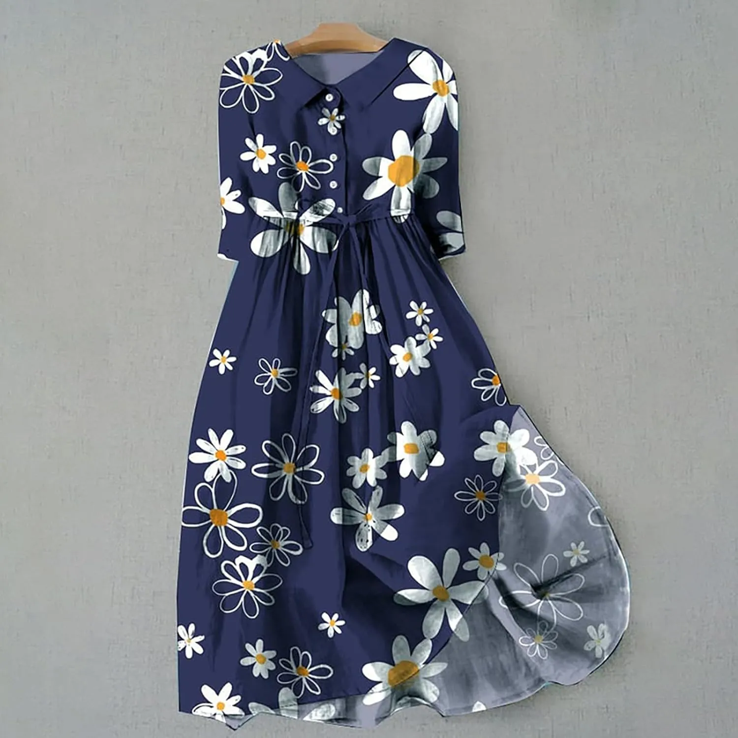 aihihe Women's Cotton Linen Dress Floral Print Short Sleeve Buttoned Spread Collar Midi Dress 2024 Spring Summer Trendy Dress