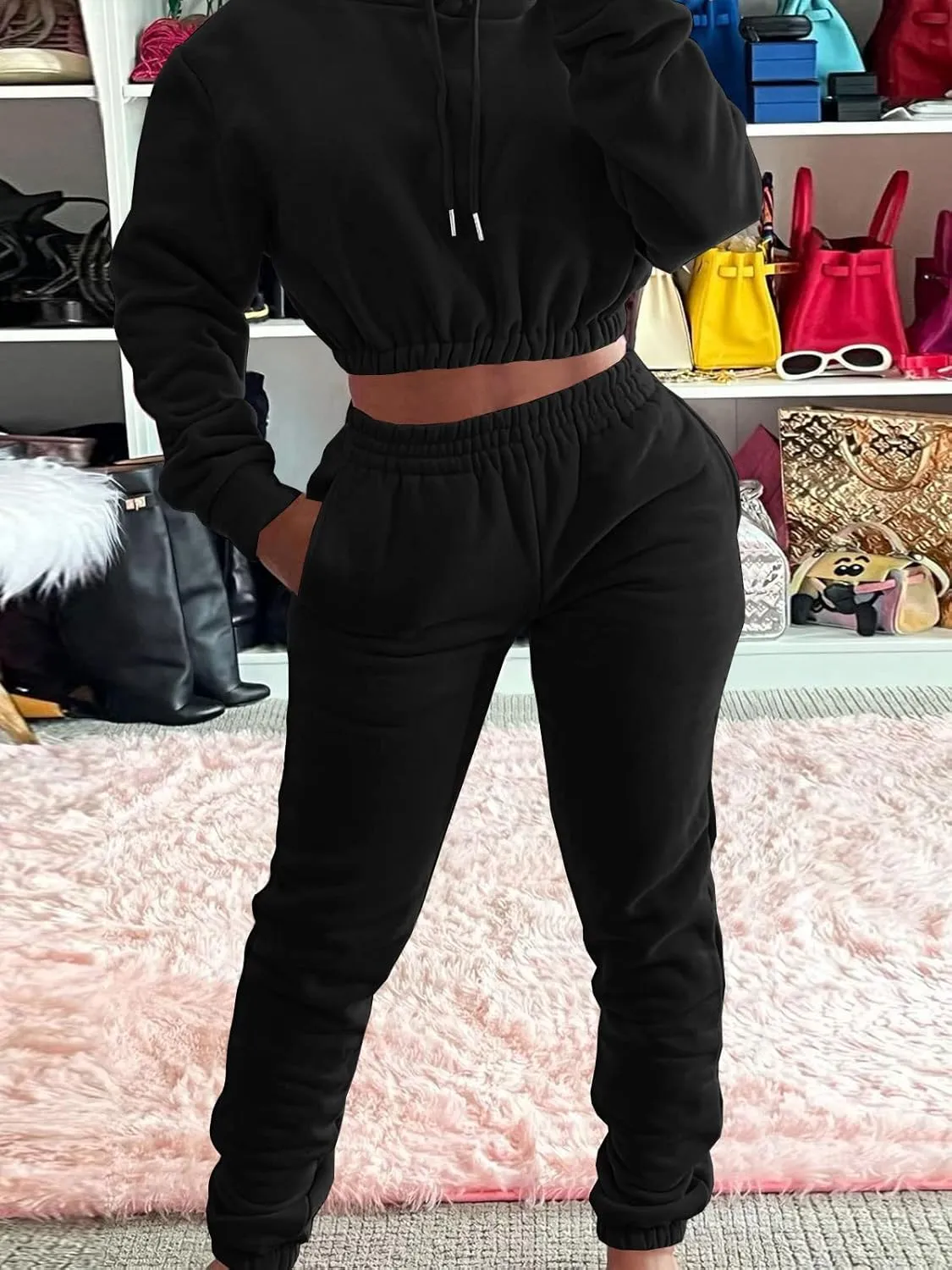 Akmipoem Sweatsuits for Women Set 2 Piece Tracksuits Outfits Casual Long Sleeve Crop Hoodie Jogger Pants Matching Sets