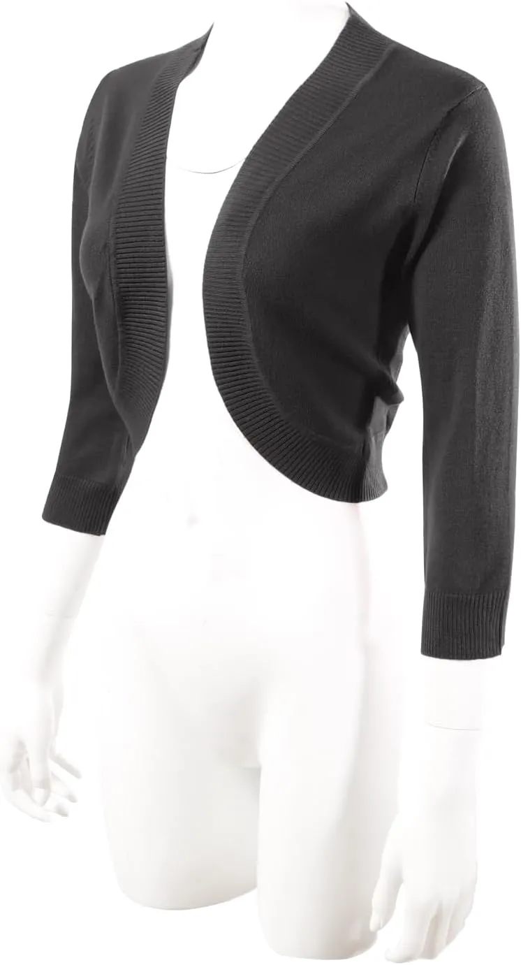 Allsense Women's 3/4 Sleeve V-Neck Cropped Bolero Shrug Cardigan