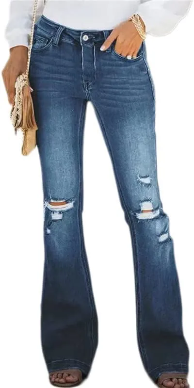 Andongnywell Women's Juniors High Bell Bottoms Jeans Flare Jeans Boho Solid Hippie Wide Leg Denim Flared Bell Bottom Pants