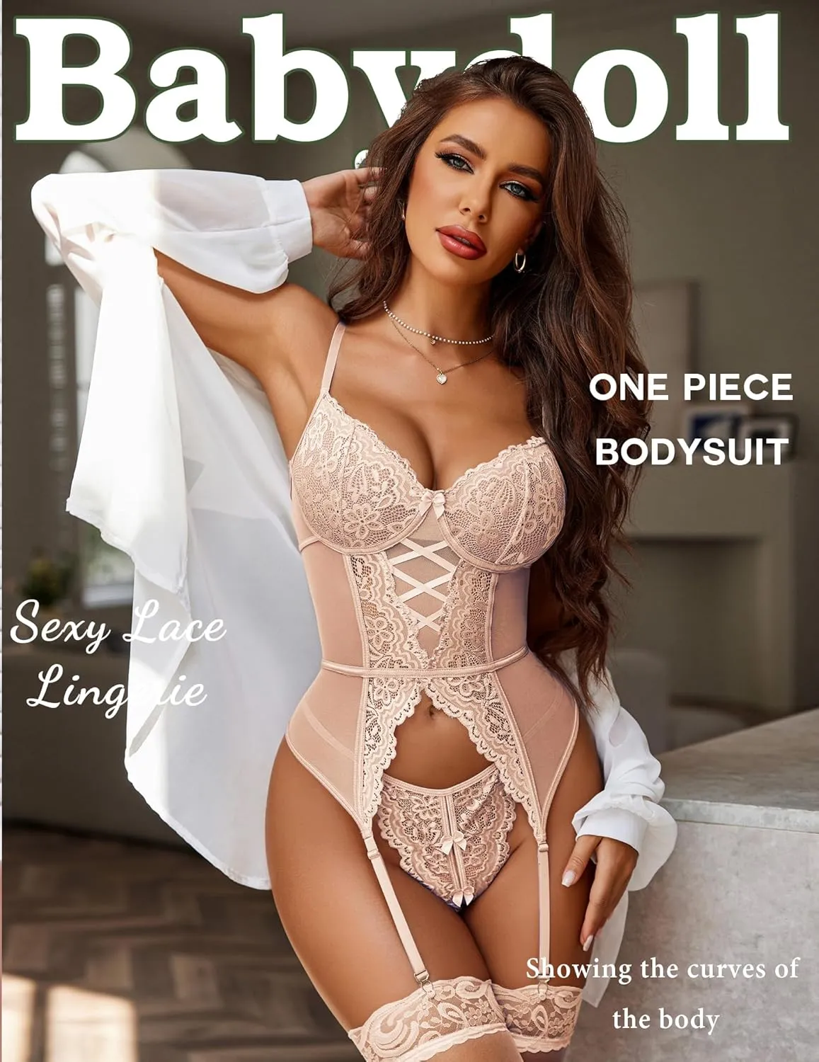 Avidlove Garter Belt Lingerie for Women Lace V Neck Chemise Nightgown (Pink, Large)