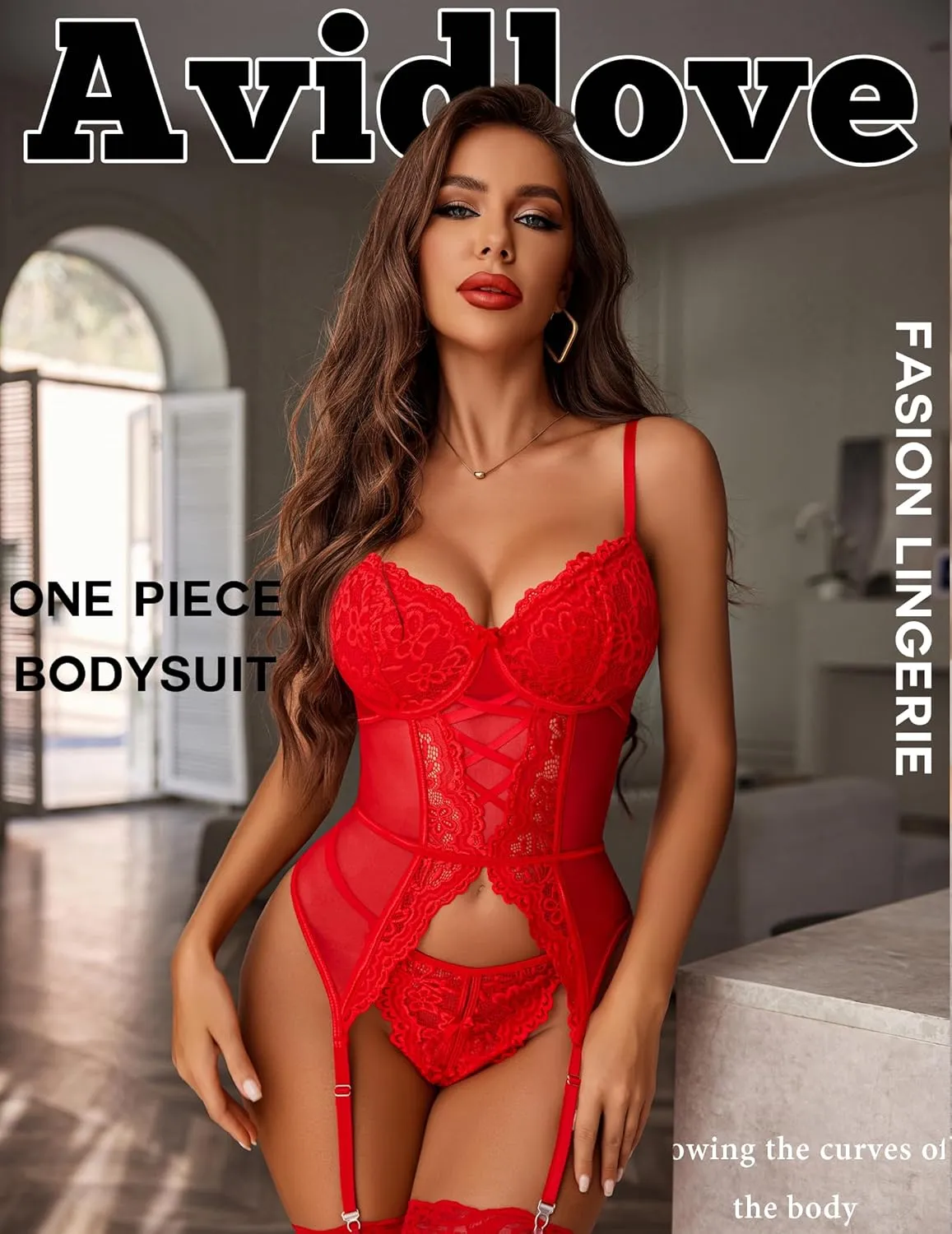 Avidlove Garter Lingerie for Women Floral Lace Babydoll Bodysuit Bra and Panty Set